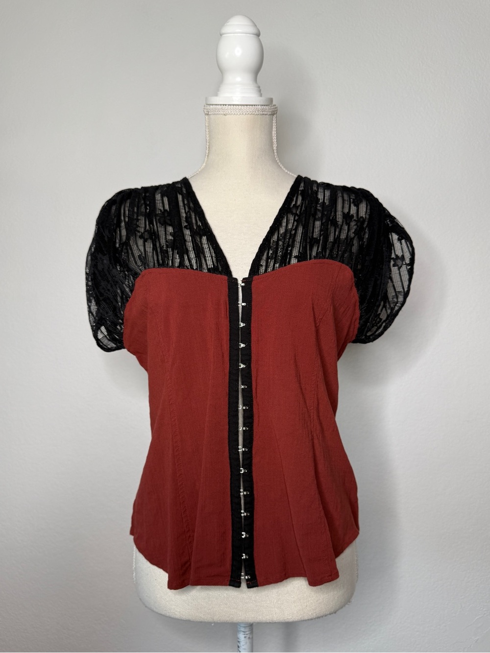 Free People Red Corset Style Black Lace Top